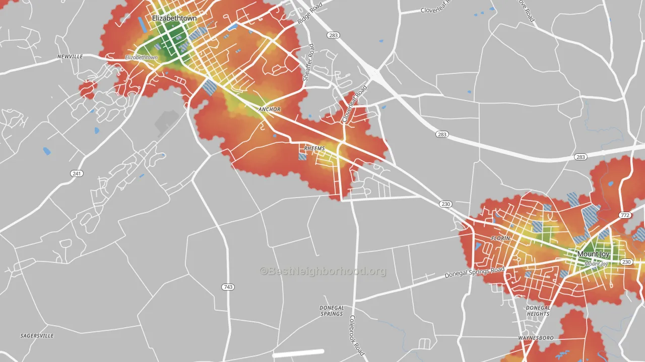 Walk Grade map of Rheems, PA, walkable areas in green and car-dependent areas in red