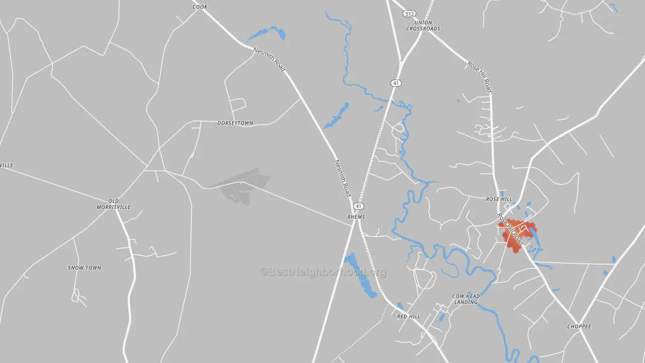 Walk Grade map of Rhems, SC, walkable areas in green and car-dependent areas in red