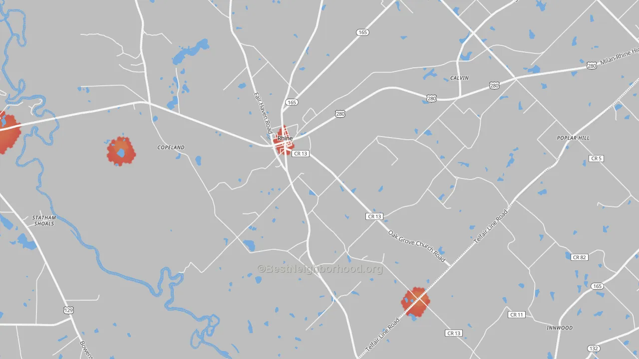 Walk Grade map of Rhine, GA, walkable areas in green and car-dependent areas in red