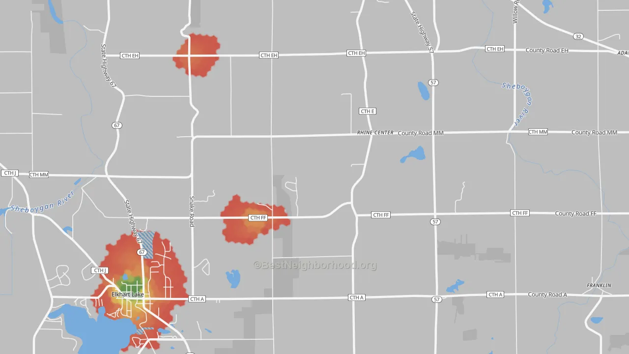 Walk Grade map of Rhine, WI, walkable areas in green and car-dependent areas in red