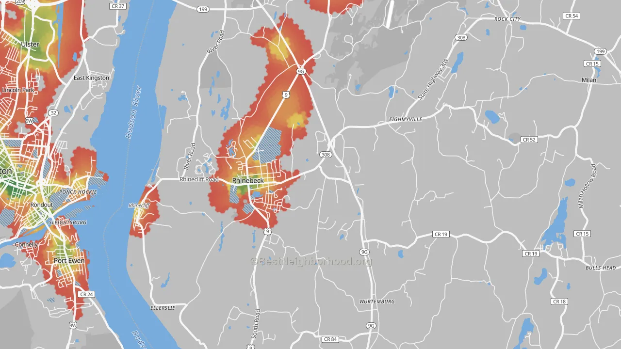 Walk Grade map of Rhinebeck, NY, walkable areas in green and car-dependent areas in red