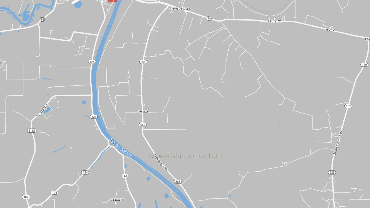 Walk Grade map of Rhinehart, LA, walkable areas in green and car-dependent areas in red