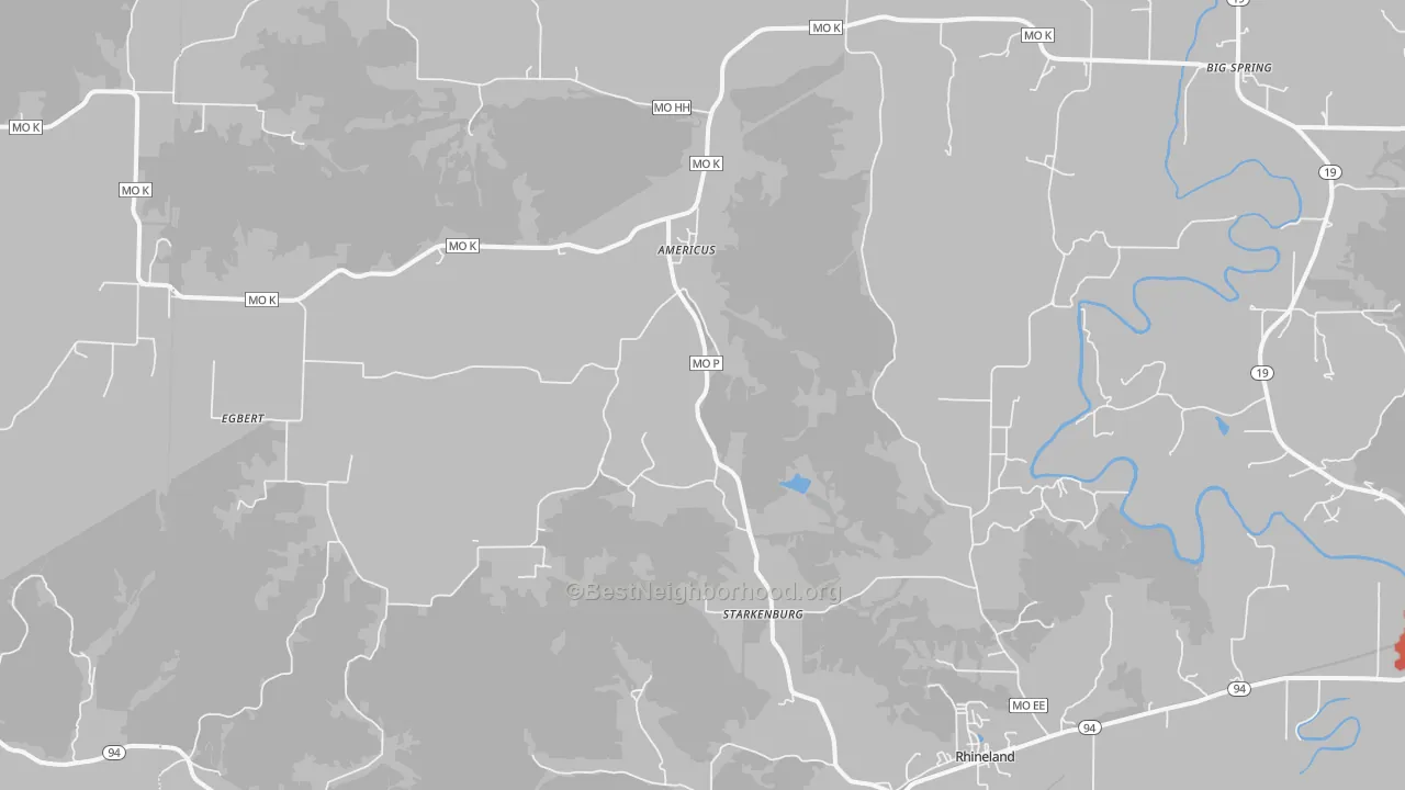 Walk Grade map of Rhineland, MO, walkable areas in green and car-dependent areas in red