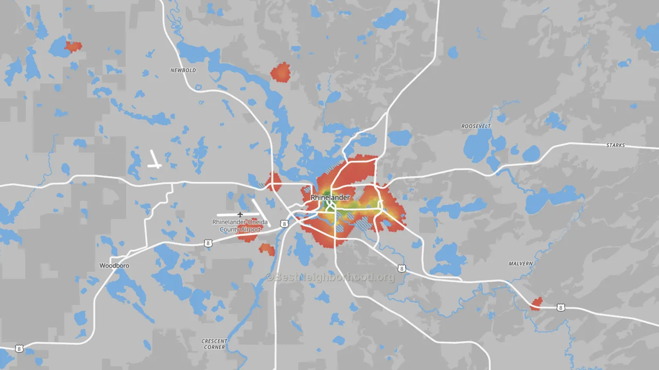Walk Grade map of Rhinelander, WI, walkable areas in green and car-dependent areas in red
