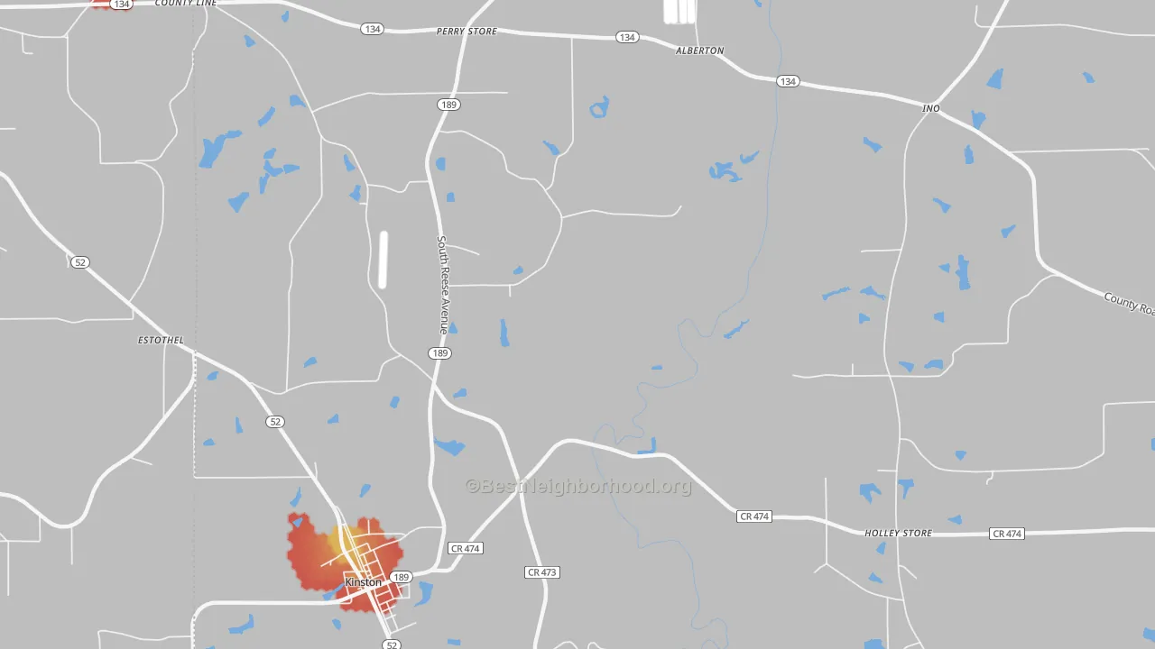 Walk Grade map of Rhoades, AL, walkable areas in green and car-dependent areas in red