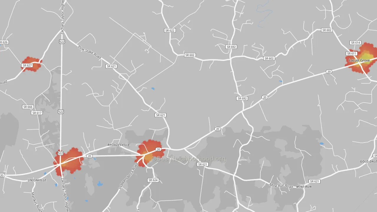 Walk Grade map of Rhoadesville, VA, walkable areas in green and car-dependent areas in red