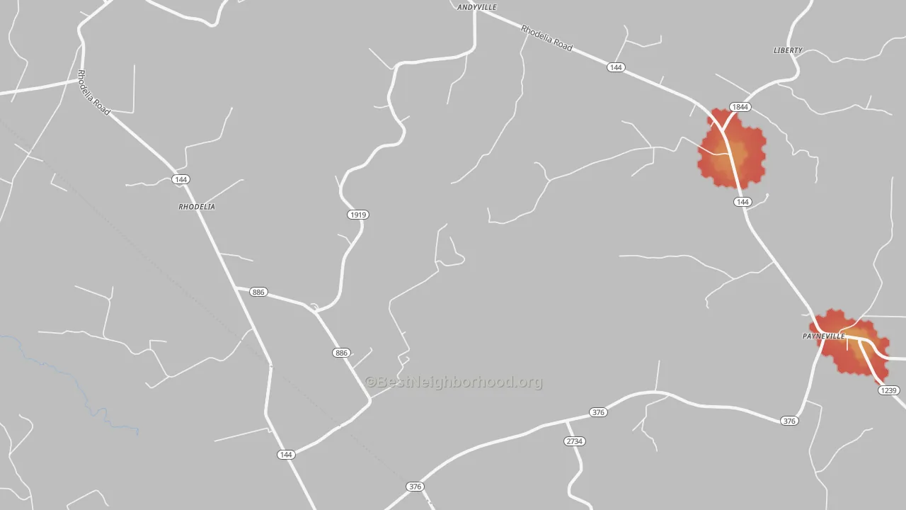 Walk Grade map of Rhodelia, KY, walkable areas in green and car-dependent areas in red