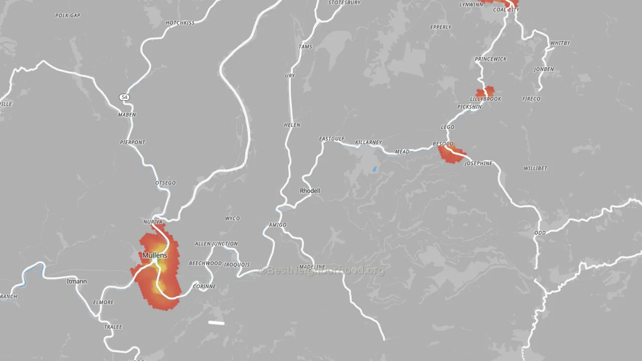 Walk Grade map of Rhodell, WV, walkable areas in green and car-dependent areas in red