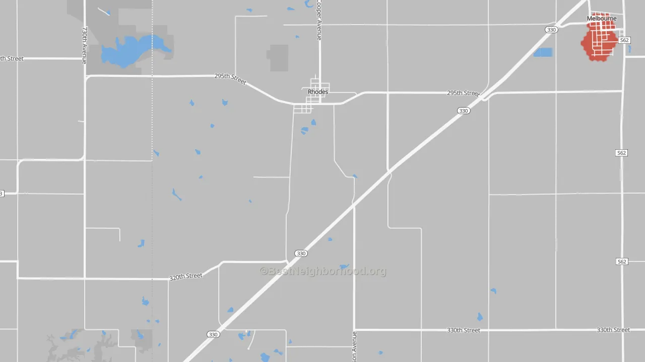 Walk Grade map of Rhodes, IA, walkable areas in green and car-dependent areas in red
