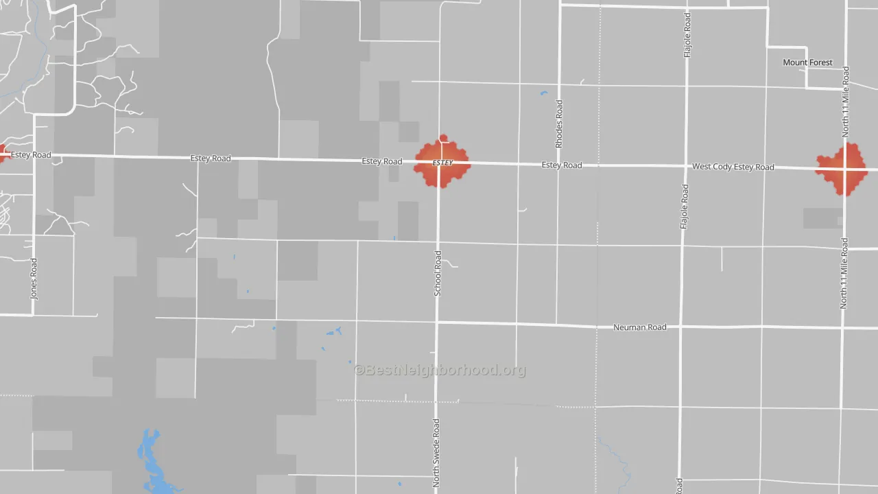 Walk Grade map of Rhodes, MI, walkable areas in green and car-dependent areas in red