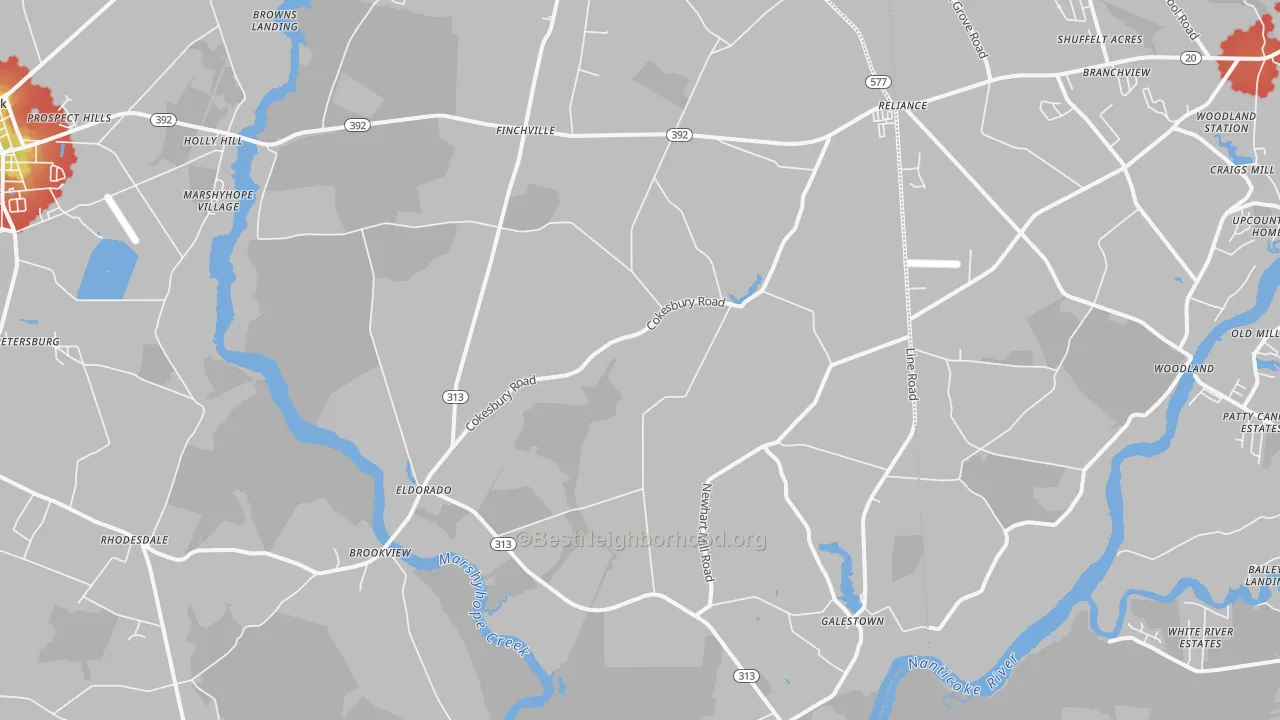 Walk Grade map of Rhodesdale, MD, walkable areas in green and car-dependent areas in red