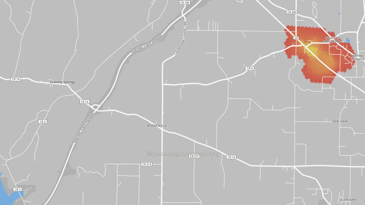 Walk Grade map of Rhodesville, AL, walkable areas in green and car-dependent areas in red