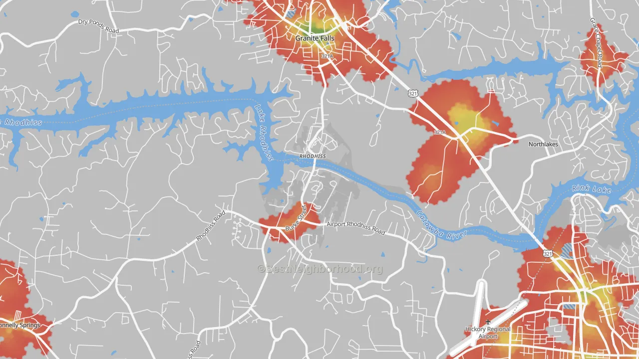 Walk Grade map of Rhodhiss, NC, walkable areas in green and car-dependent areas in red