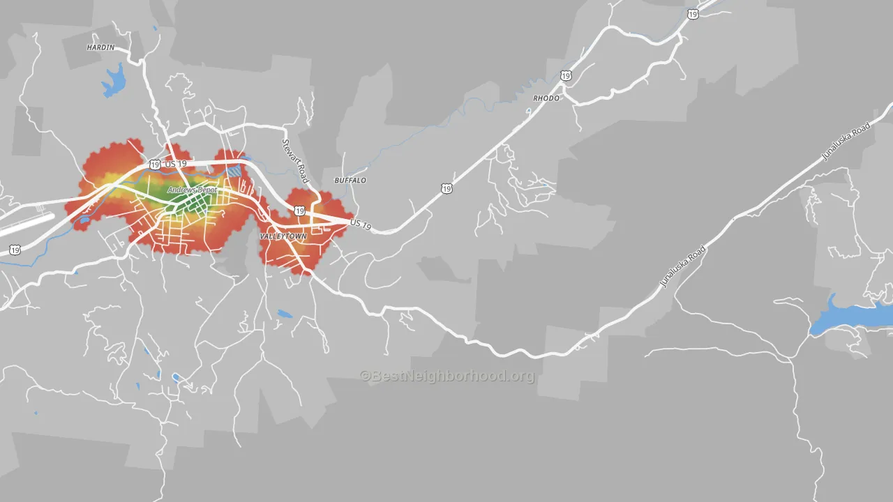 Walk Grade map of Rhodo, NC, walkable areas in green and car-dependent areas in red