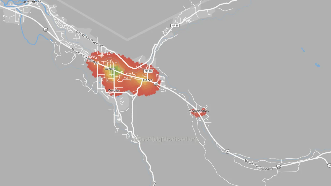 Walk Grade map of Rhododendron, OR, walkable areas in green and car-dependent areas in red