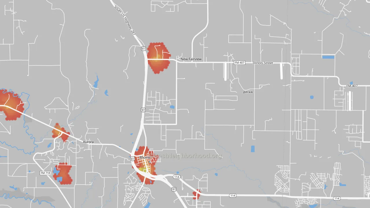 Walk Grade map of Rhome, TX, walkable areas in green and car-dependent areas in red