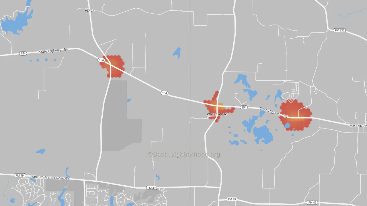 Walk Grade map of Rhonesboro, TX, walkable areas in green and car-dependent areas in red