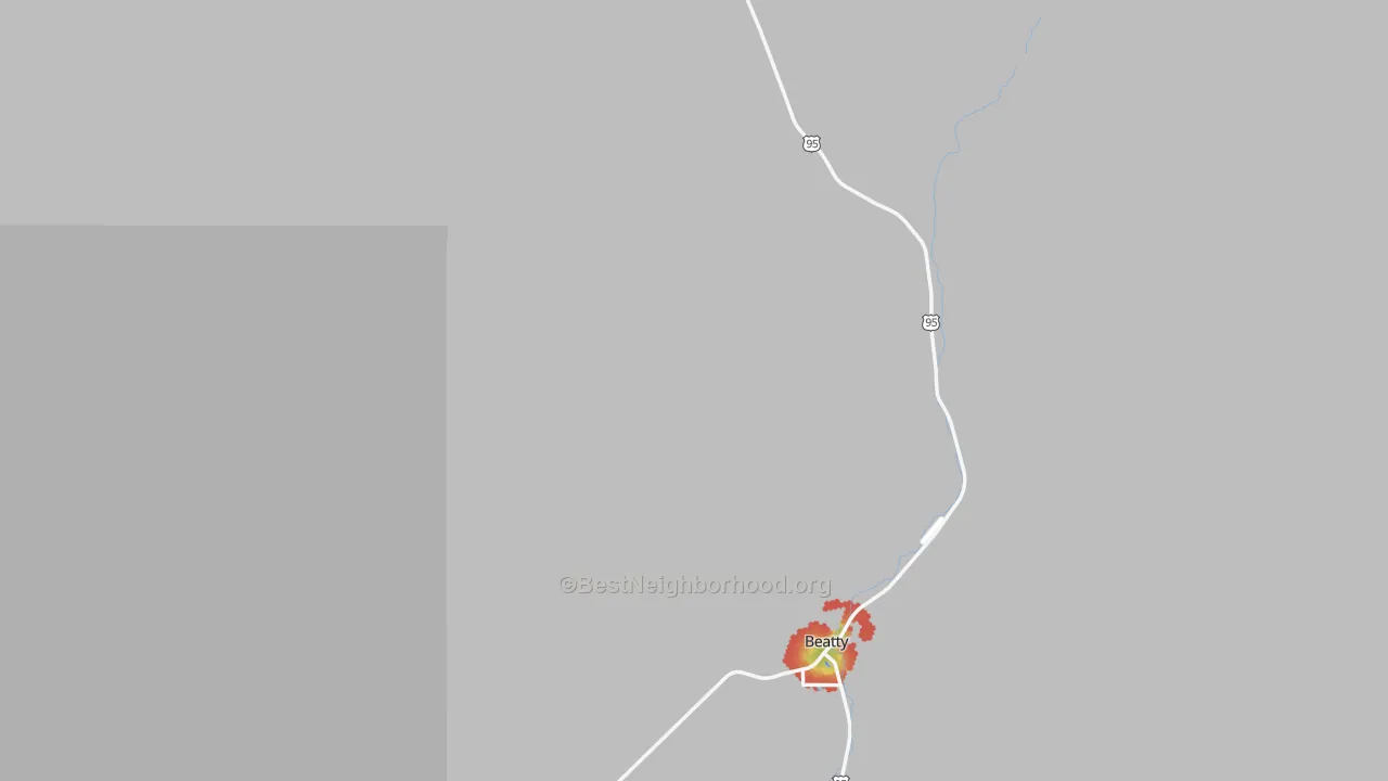 Walk Grade map of Rhyolite, NV, walkable areas in green and car-dependent areas in red