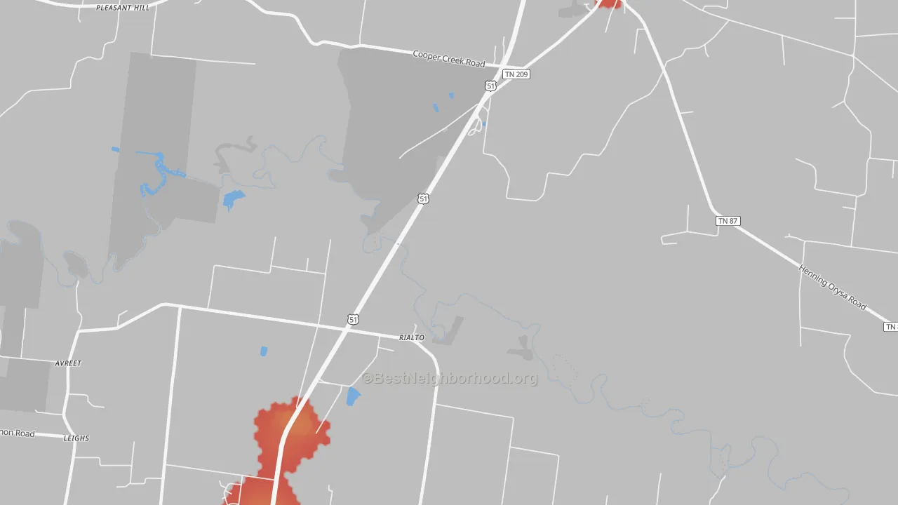 Walk Grade map of Rialto, TN, walkable areas in green and car-dependent areas in red
