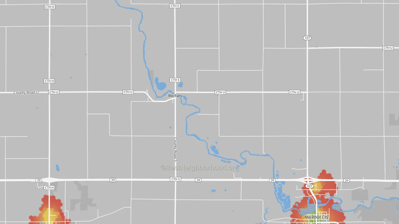 Walk Grade map of Rib Falls, WI, walkable areas in green and car-dependent areas in red