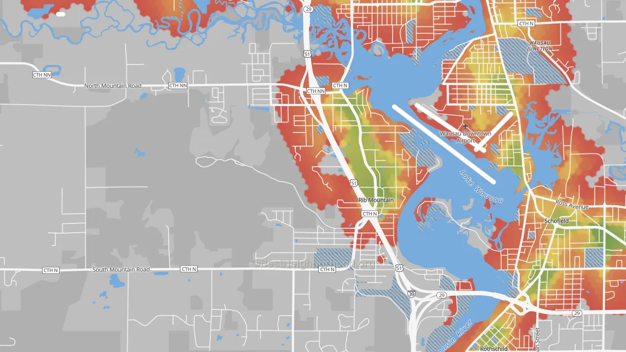 Walk Grade map of Rib Mountain, WI, walkable areas in green and car-dependent areas in red