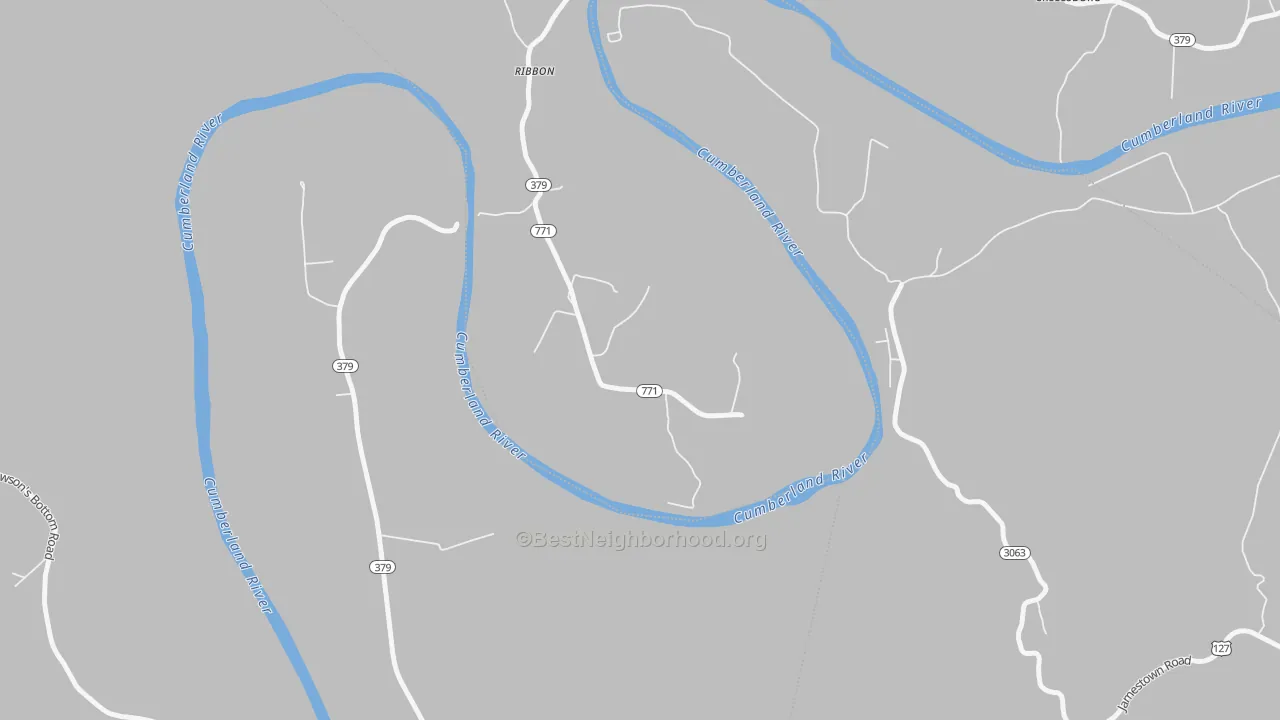 Walk Grade map of Ribbon, KY, walkable areas in green and car-dependent areas in red