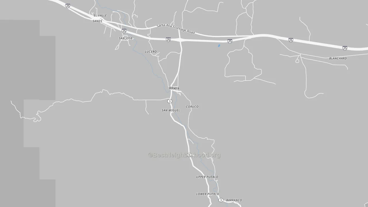 Walk Grade map of Ribera, NM, walkable areas in green and car-dependent areas in red