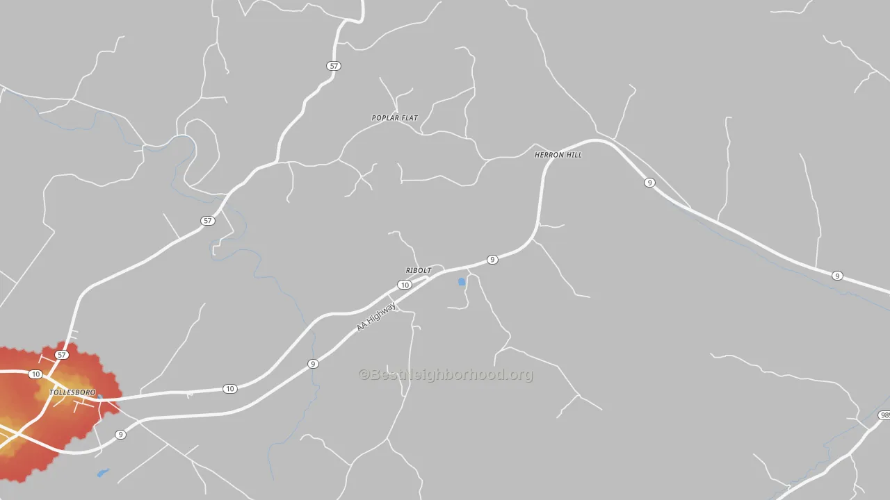 Walk Grade map of Ribolt, KY, walkable areas in green and car-dependent areas in red