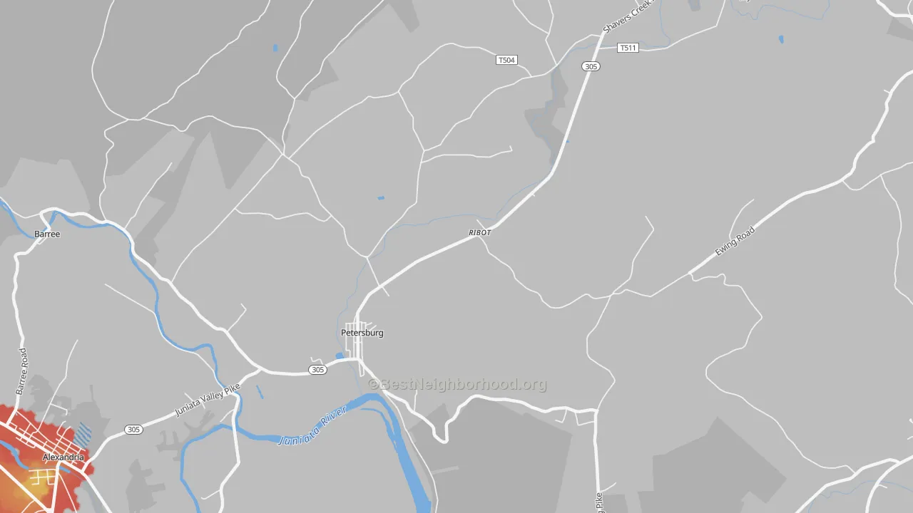 Walk Grade map of Ribot, PA, walkable areas in green and car-dependent areas in red