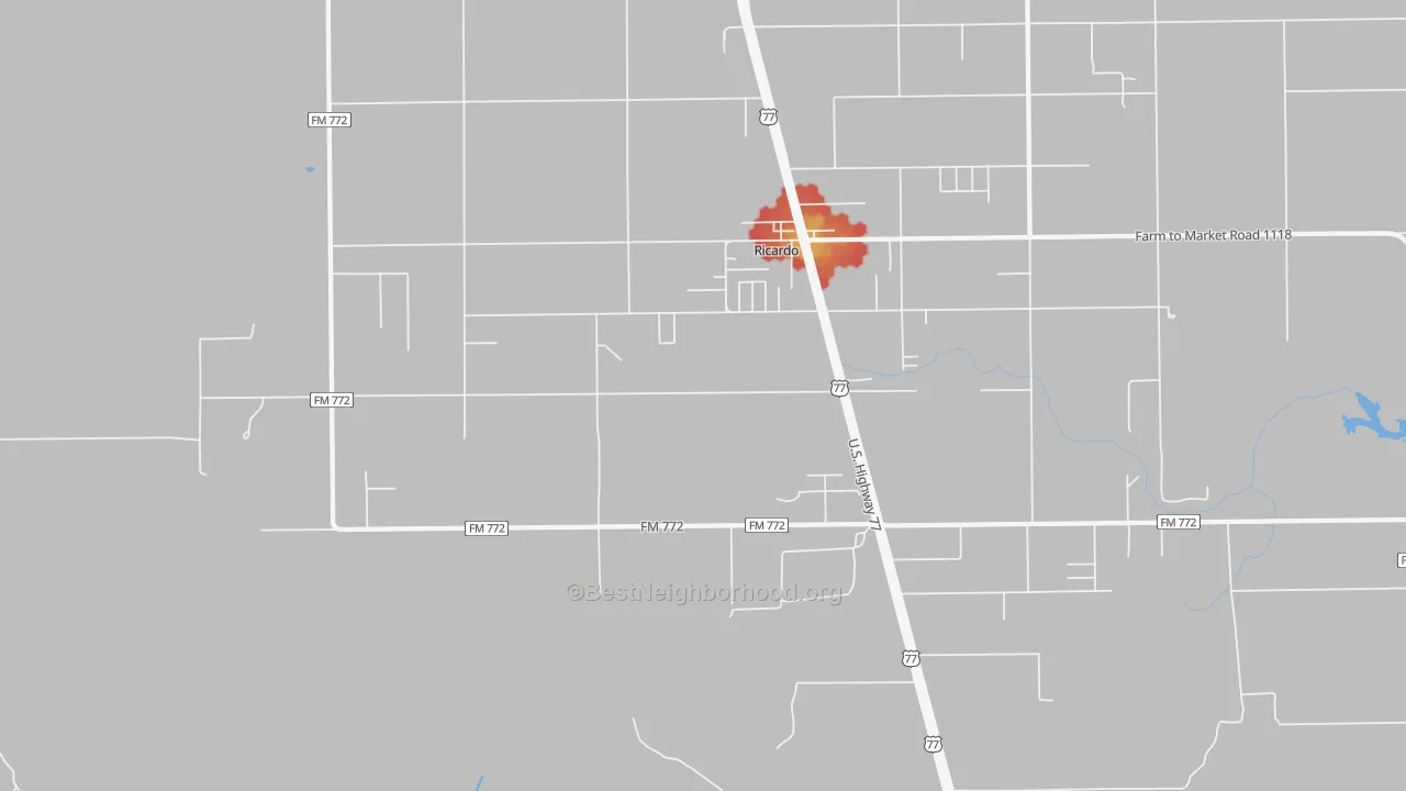 Walk Grade map of Ricardo, TX, walkable areas in green and car-dependent areas in red