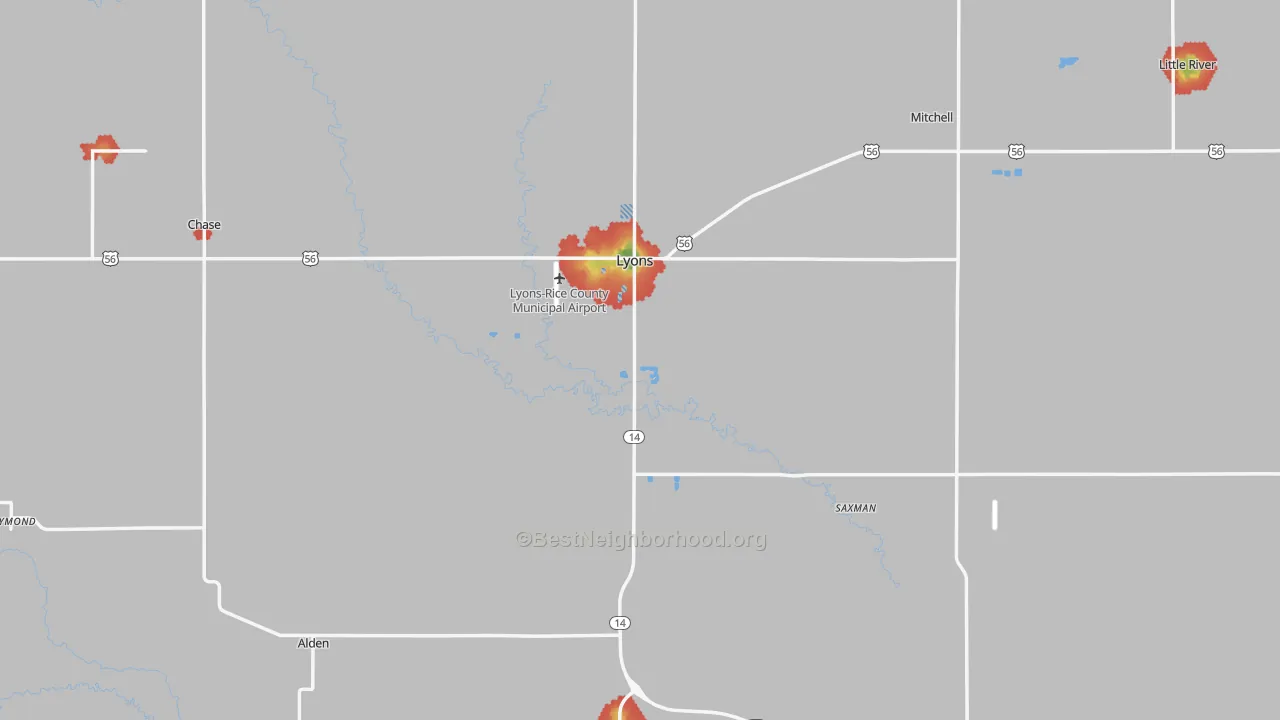 Walk Grade map of Rice County, KS, walkable areas in green and car-dependent areas in red