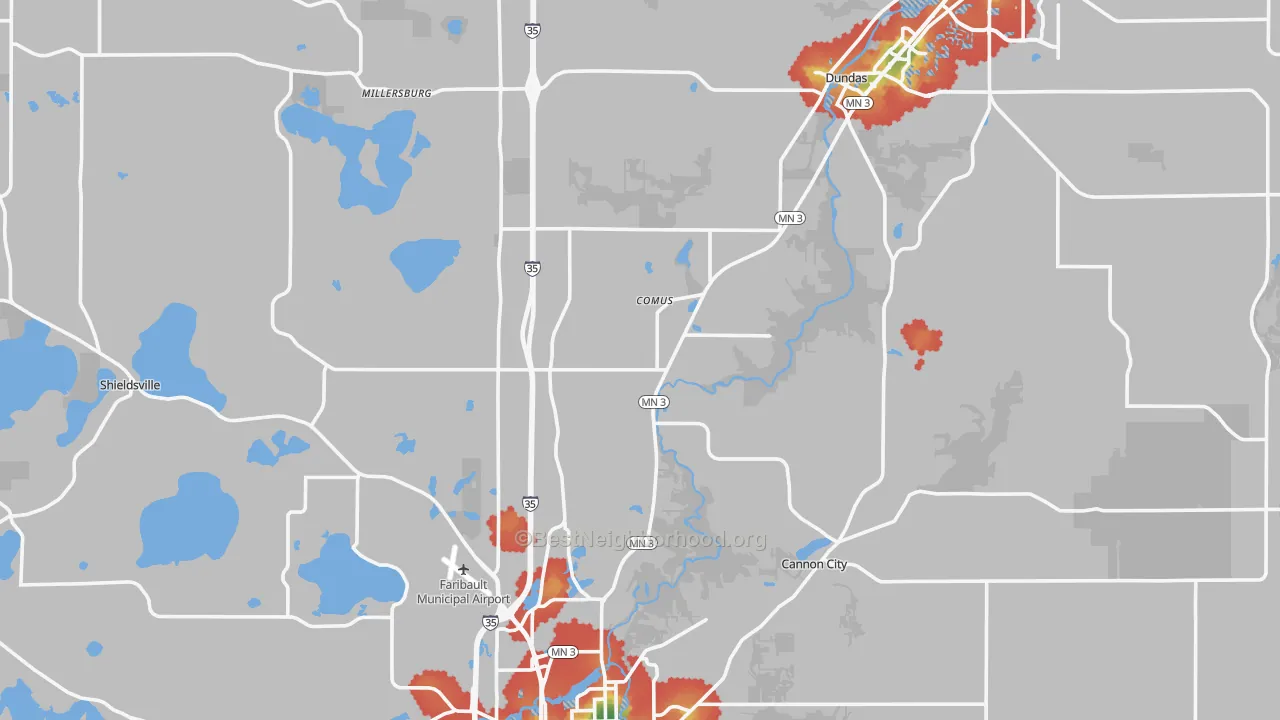 Walk Grade map of Rice County, MN, walkable areas in green and car-dependent areas in red