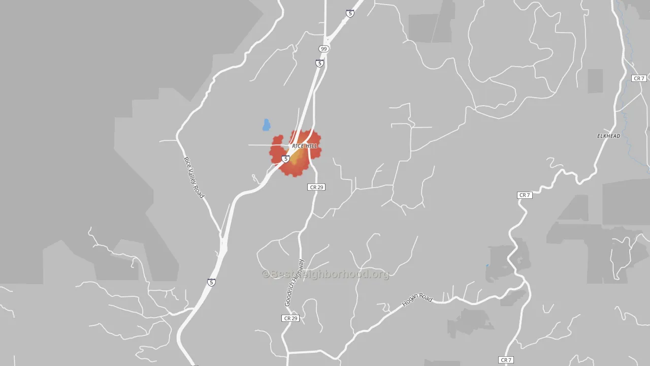 Walk Grade map of Rice Hill, OR, walkable areas in green and car-dependent areas in red