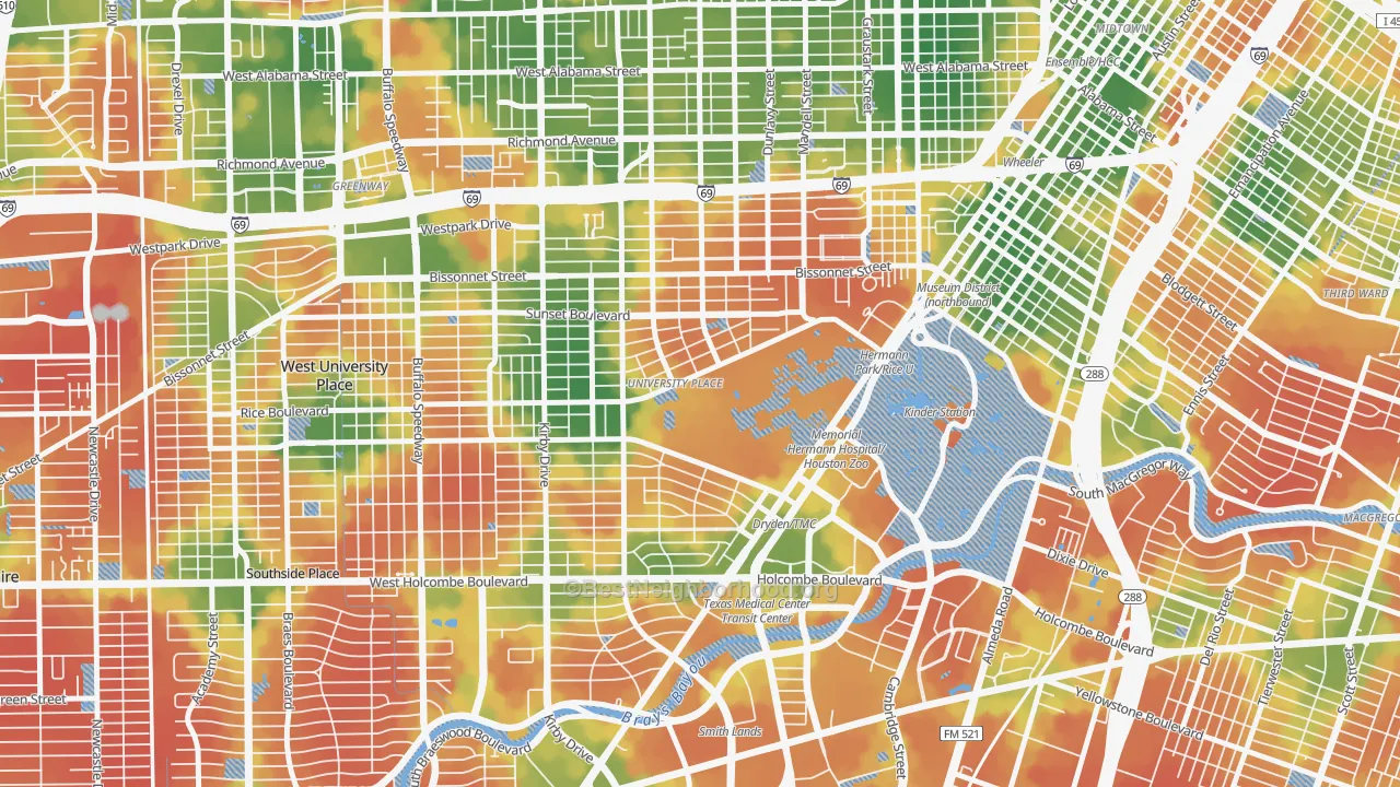 Walk Grade map of Rice, Houston, TX, walkable areas in green and car-dependent areas in red