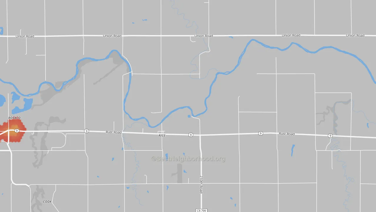 Walk Grade map of Rice, KS, walkable areas in green and car-dependent areas in red