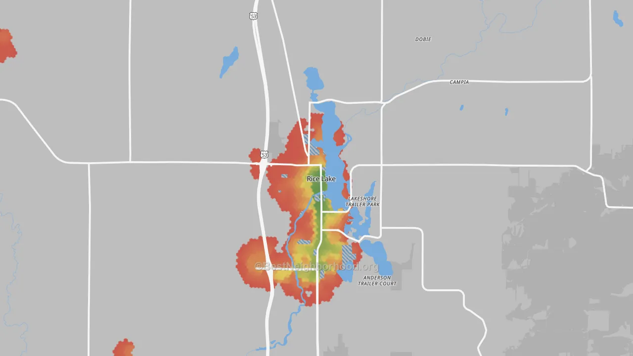 Walk Grade map of Rice Lake, WI, walkable areas in green and car-dependent areas in red