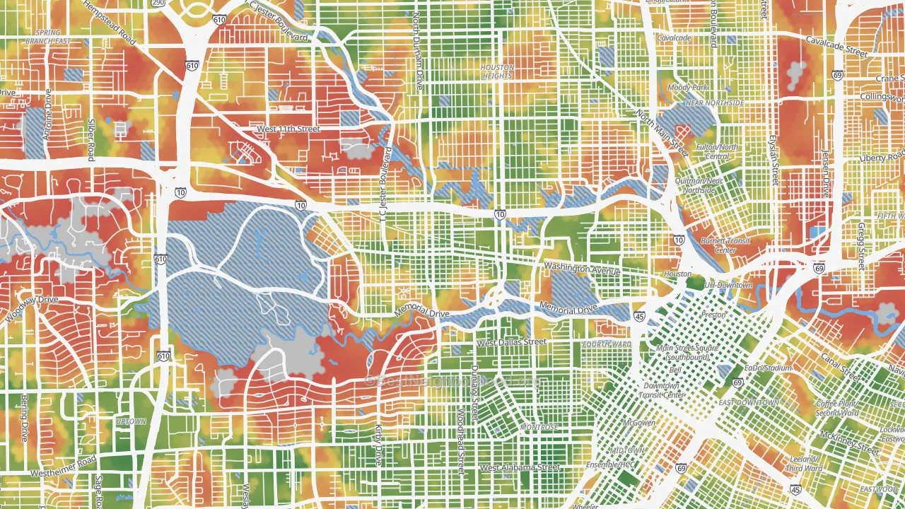 Walk Grade map of Rice Military, Houston, TX, walkable areas in green and car-dependent areas in red