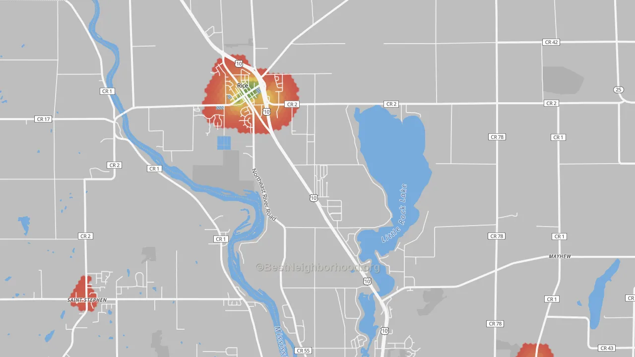 Walk Grade map of Rice, MN, walkable areas in green and car-dependent areas in red