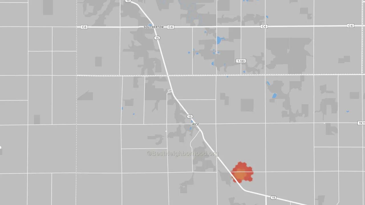 Walk Grade map of Rice, OH, walkable areas in green and car-dependent areas in red