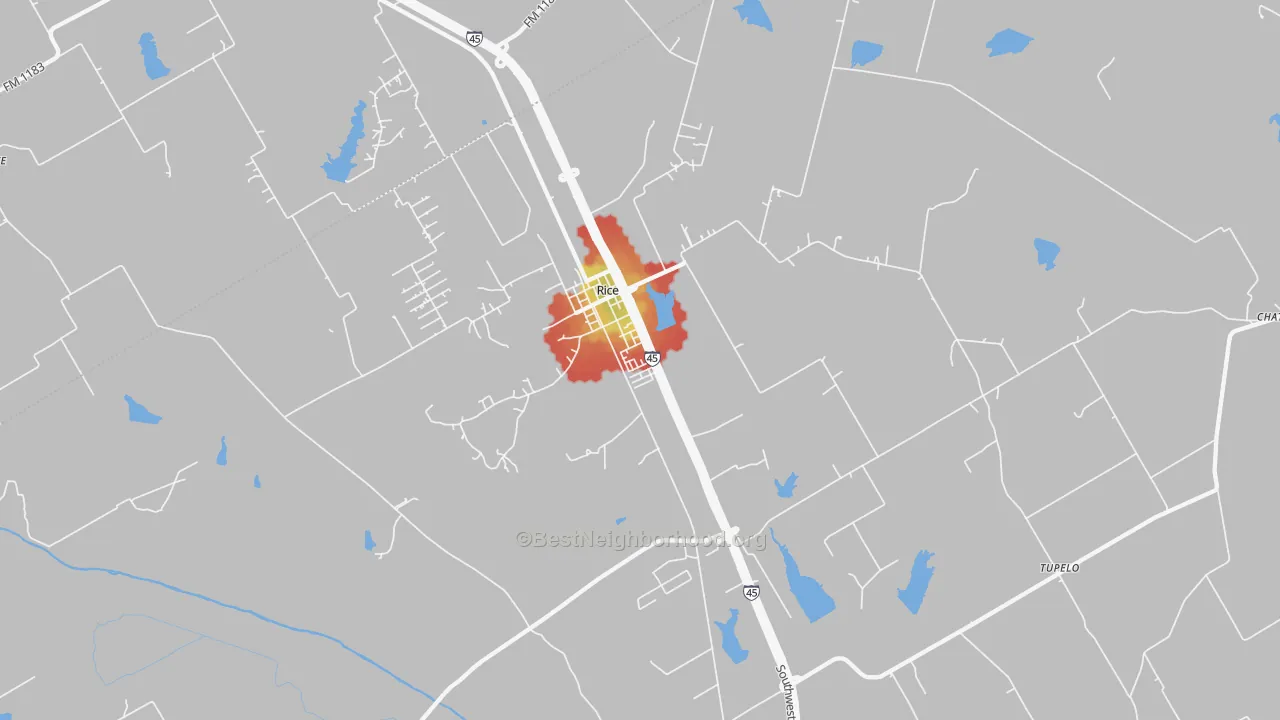 Walk Grade map of Rice, TX, walkable areas in green and car-dependent areas in red