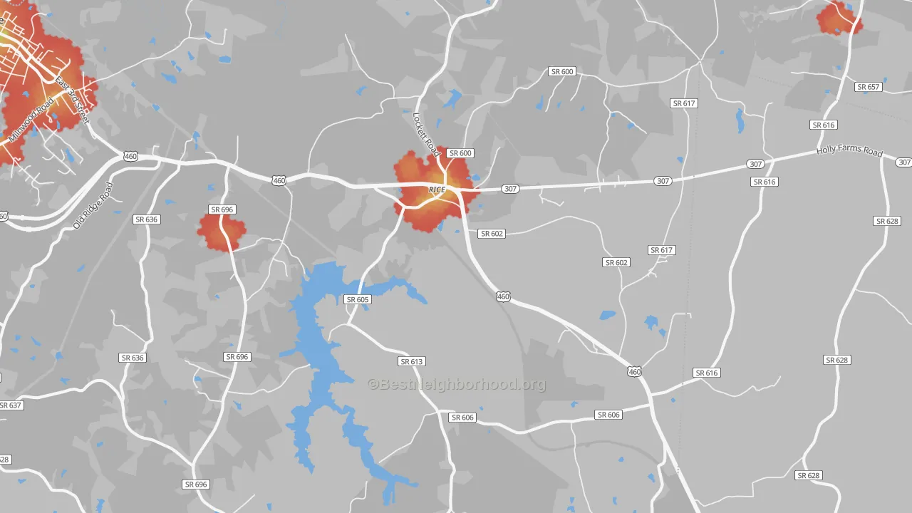 Walk Grade map of Rice, VA, walkable areas in green and car-dependent areas in red