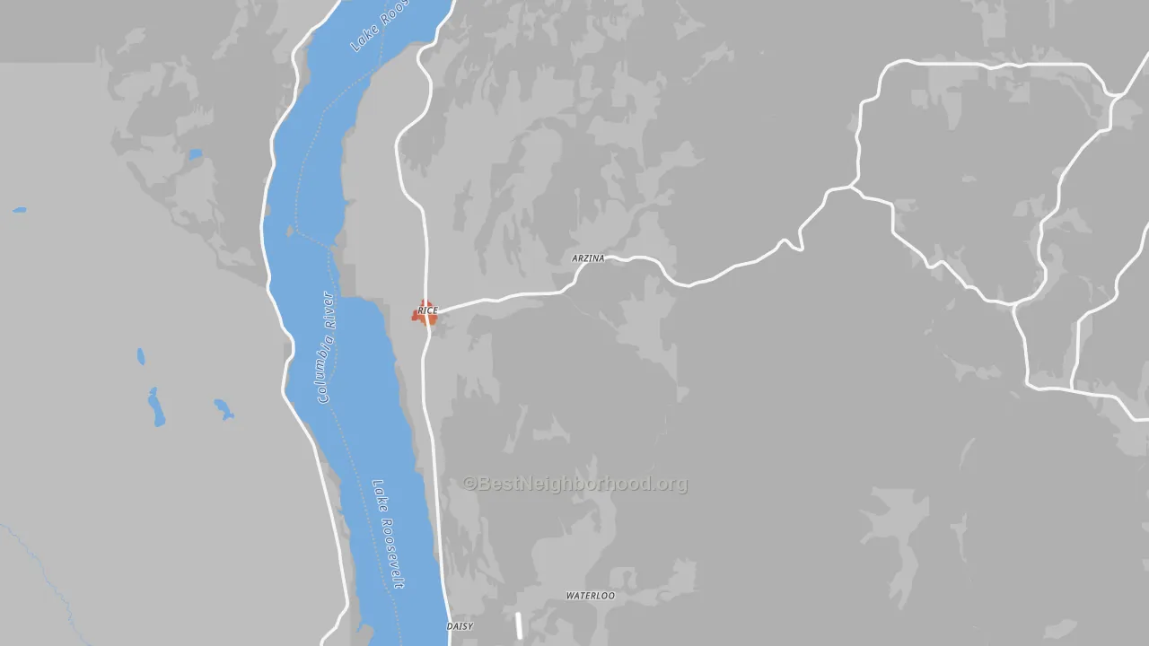 Walk Grade map of Rice, WA, walkable areas in green and car-dependent areas in red