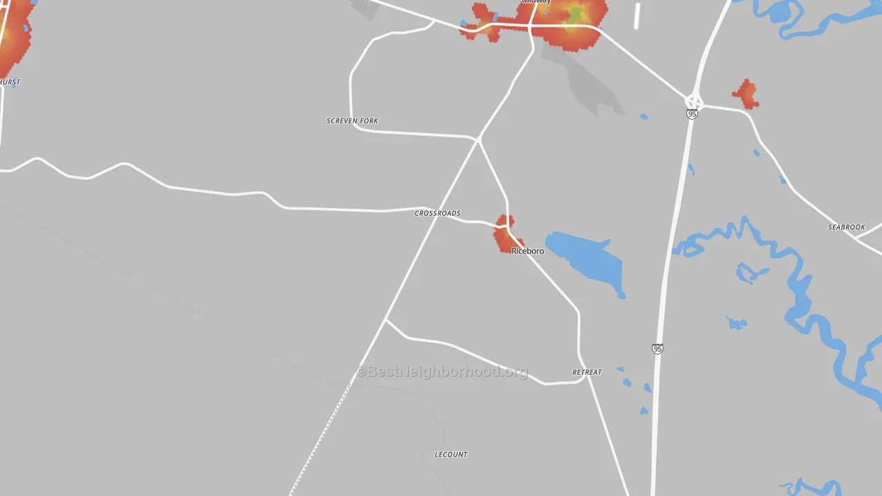 Walk Grade map of Riceboro, GA, walkable areas in green and car-dependent areas in red