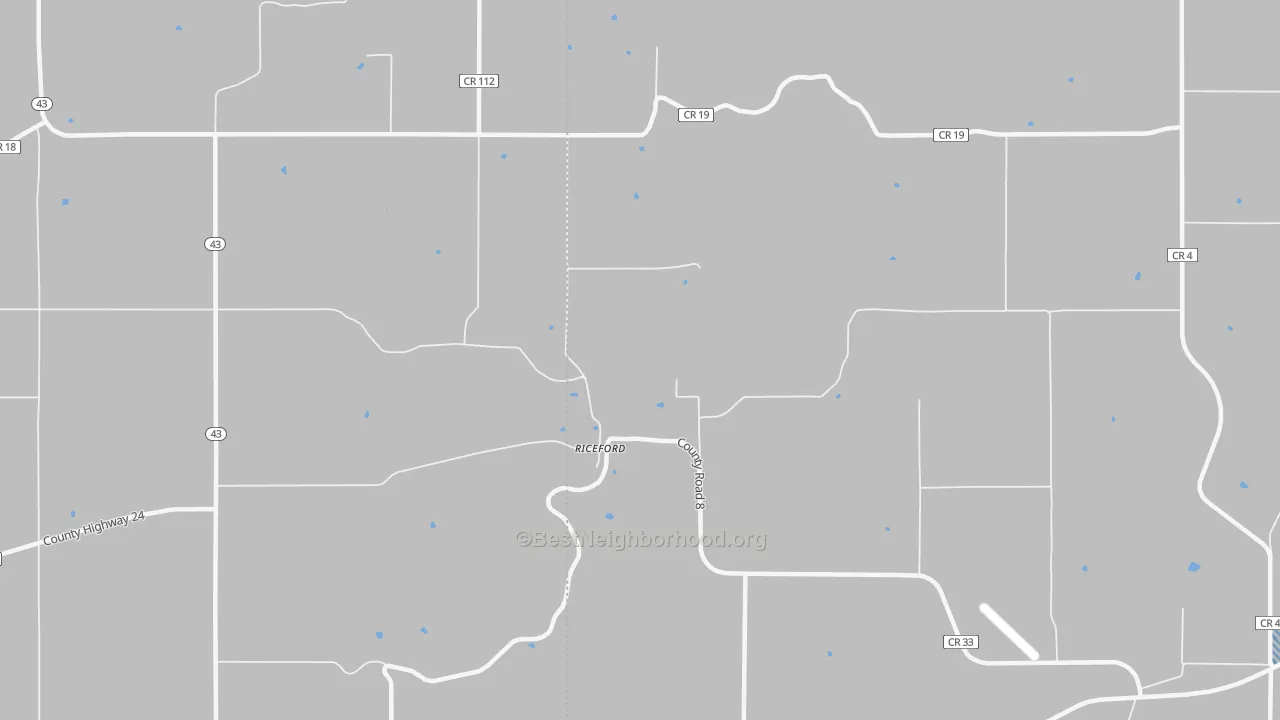 Walk Grade map of Riceford, MN, walkable areas in green and car-dependent areas in red