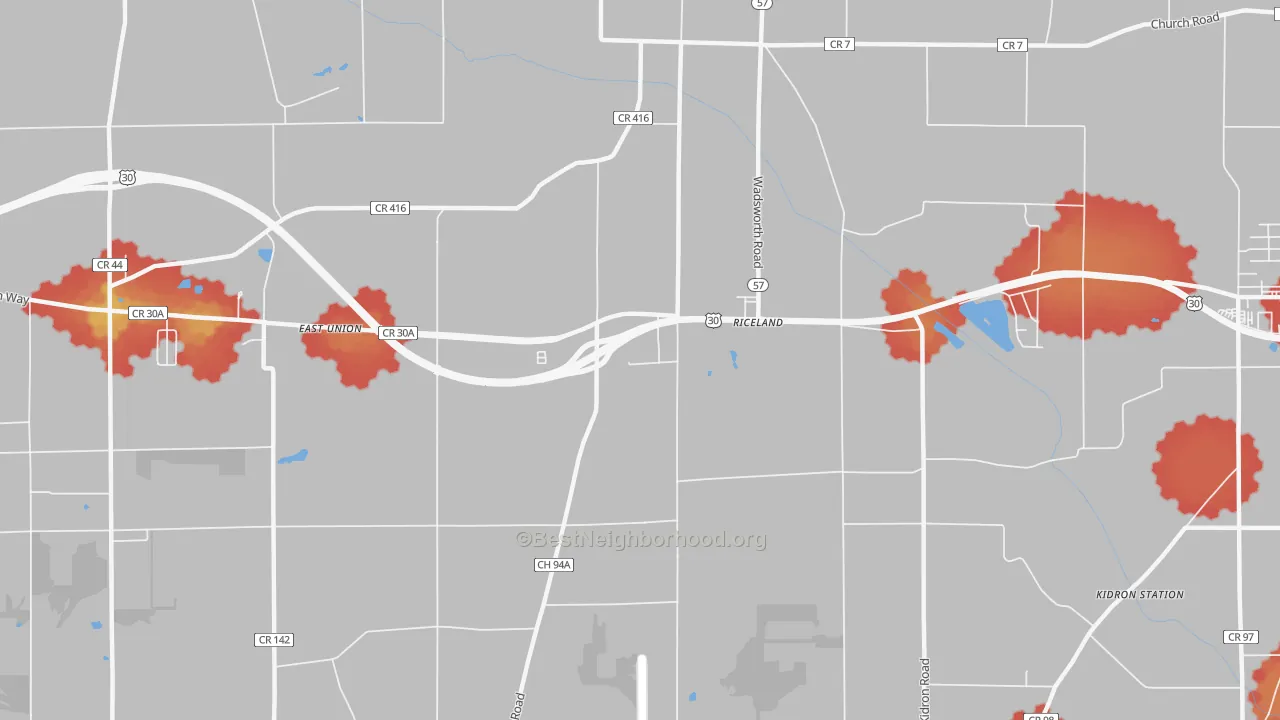 Walk Grade map of Riceland, OH, walkable areas in green and car-dependent areas in red