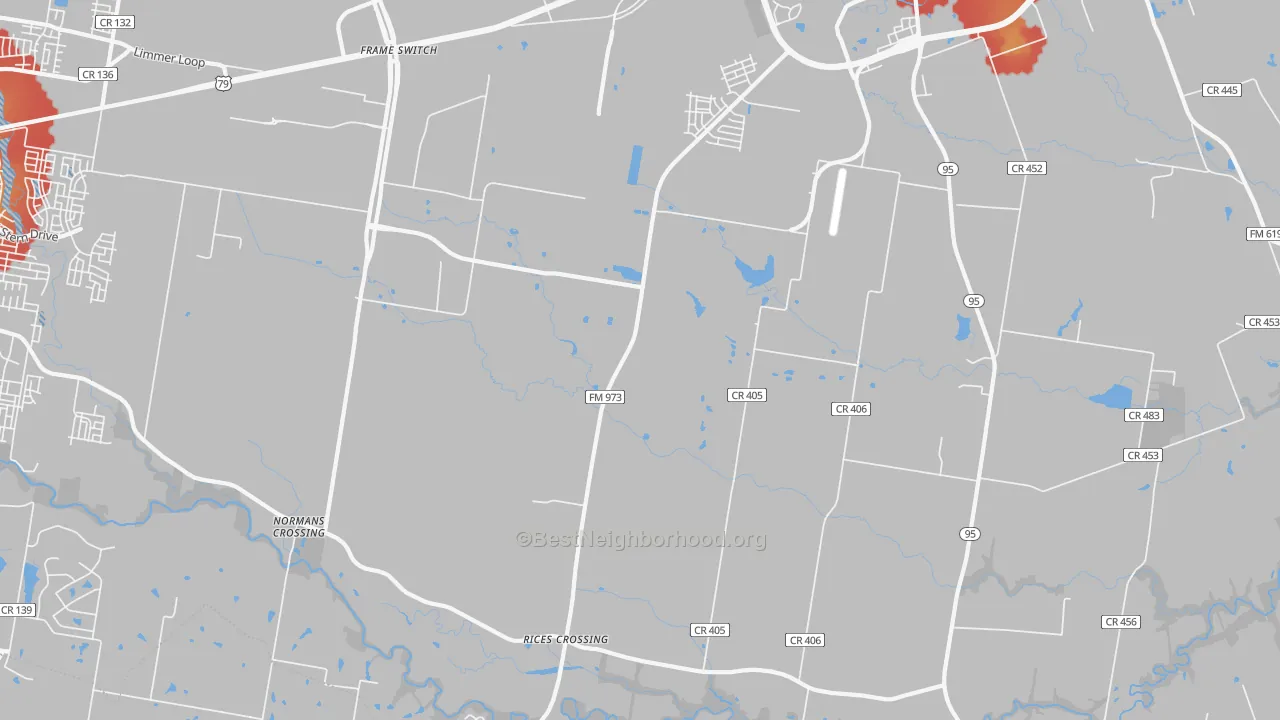 Walk Grade map of Rices Crossing, TX, walkable areas in green and car-dependent areas in red
