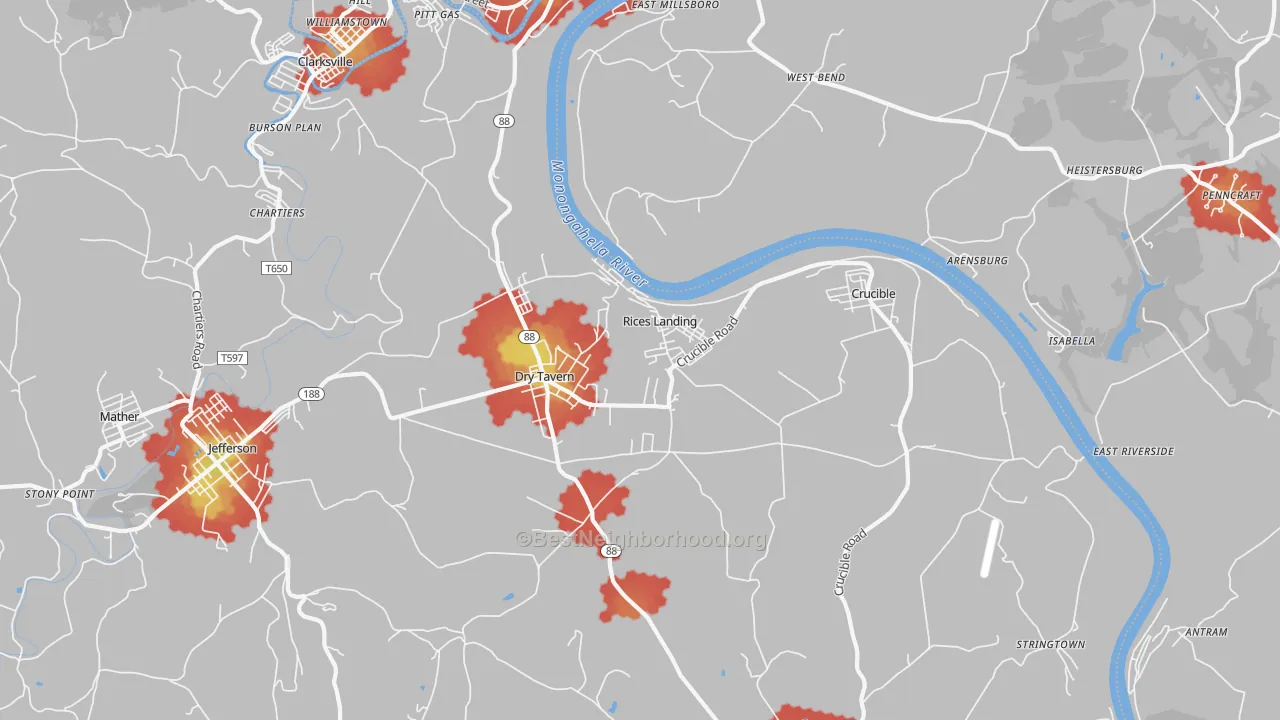 Walk Grade map of Rices Landing, PA, walkable areas in green and car-dependent areas in red