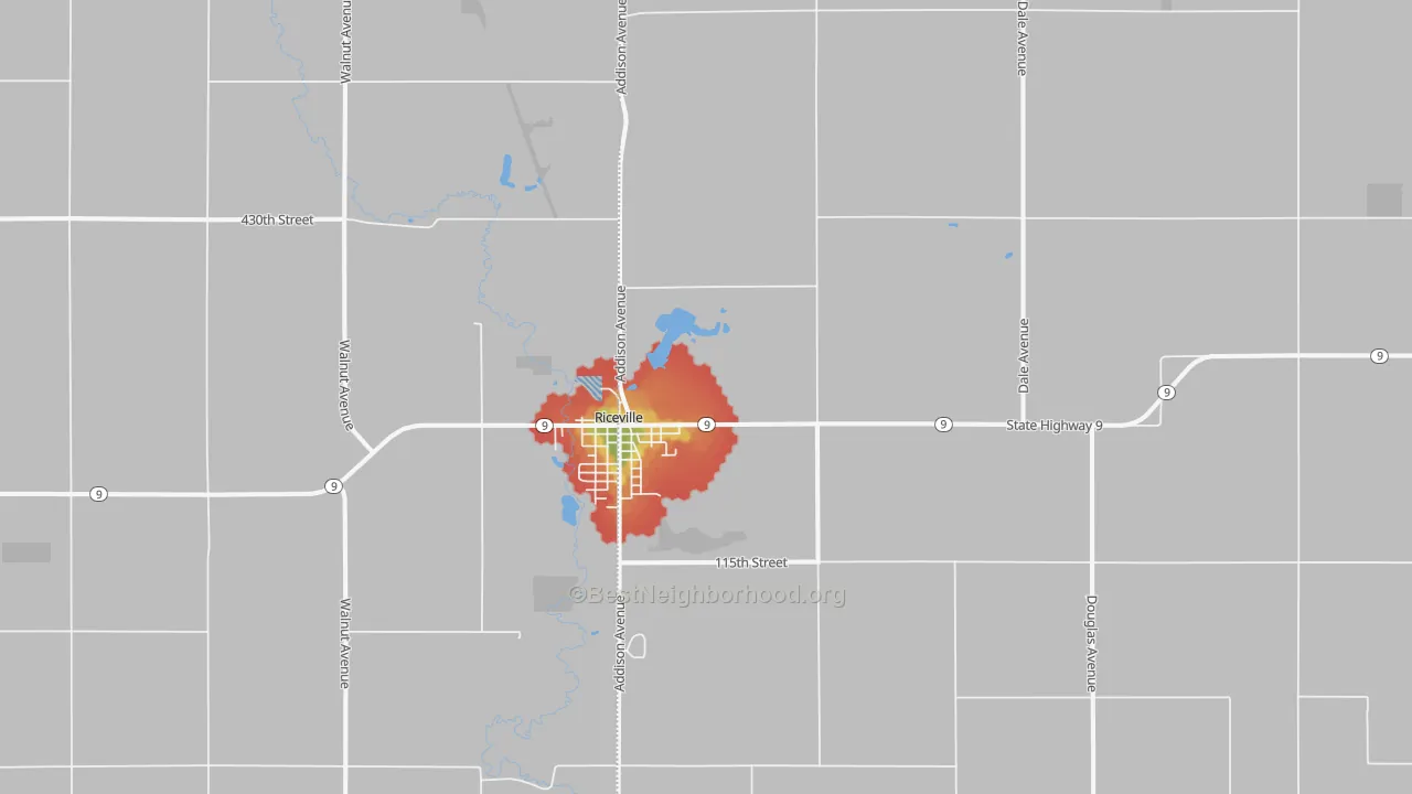 Walk Grade map of Riceville, IA, walkable areas in green and car-dependent areas in red