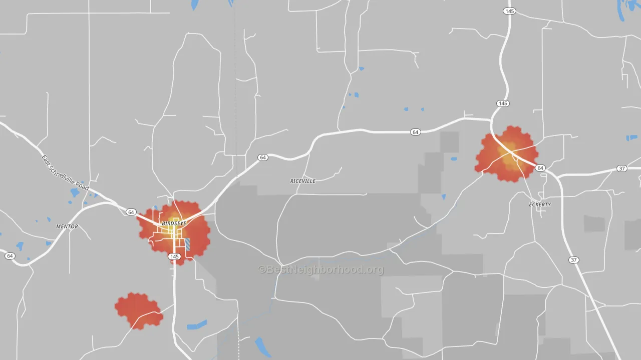 Walk Grade map of Riceville, IN, walkable areas in green and car-dependent areas in red