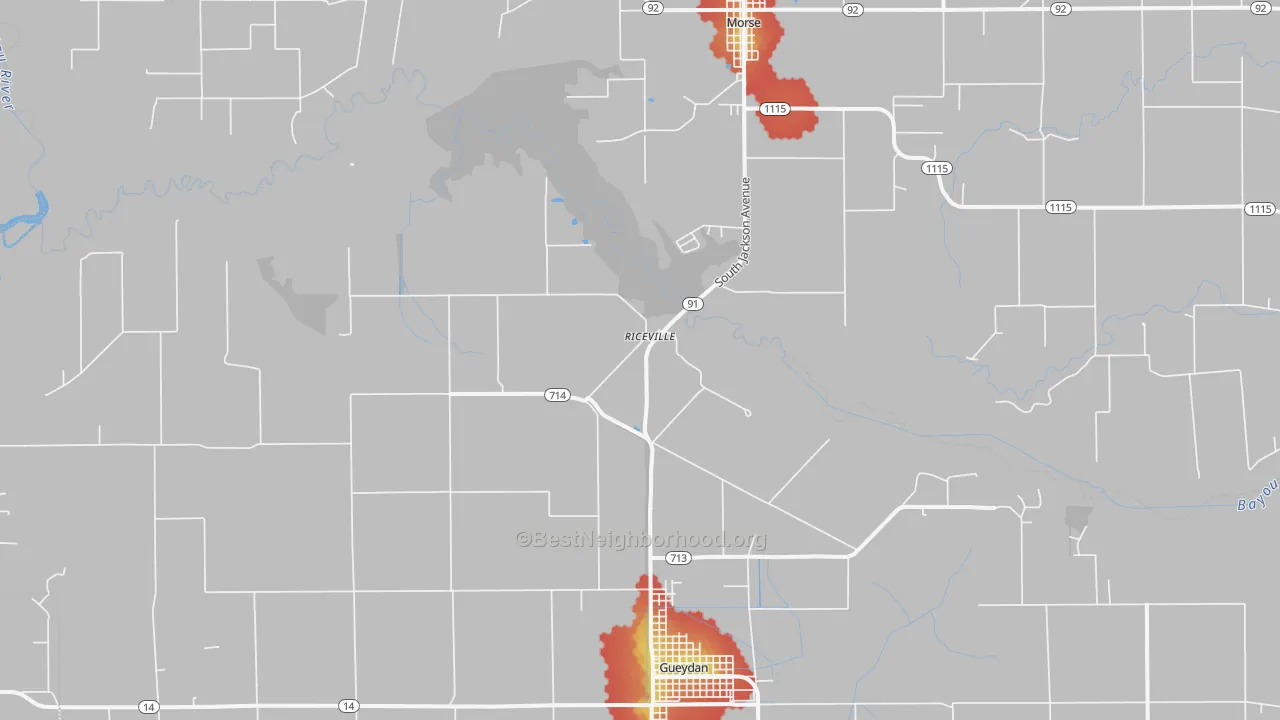 Walk Grade map of Riceville, LA, walkable areas in green and car-dependent areas in red